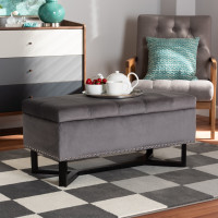 Baxton Studio WS-20716-GreyEspresso-Otto Baxton Studio Esther Modern and Contemporary Grey Velvet Fabric Upholstered and Dark Brown Finished Wood Storage Ottoman